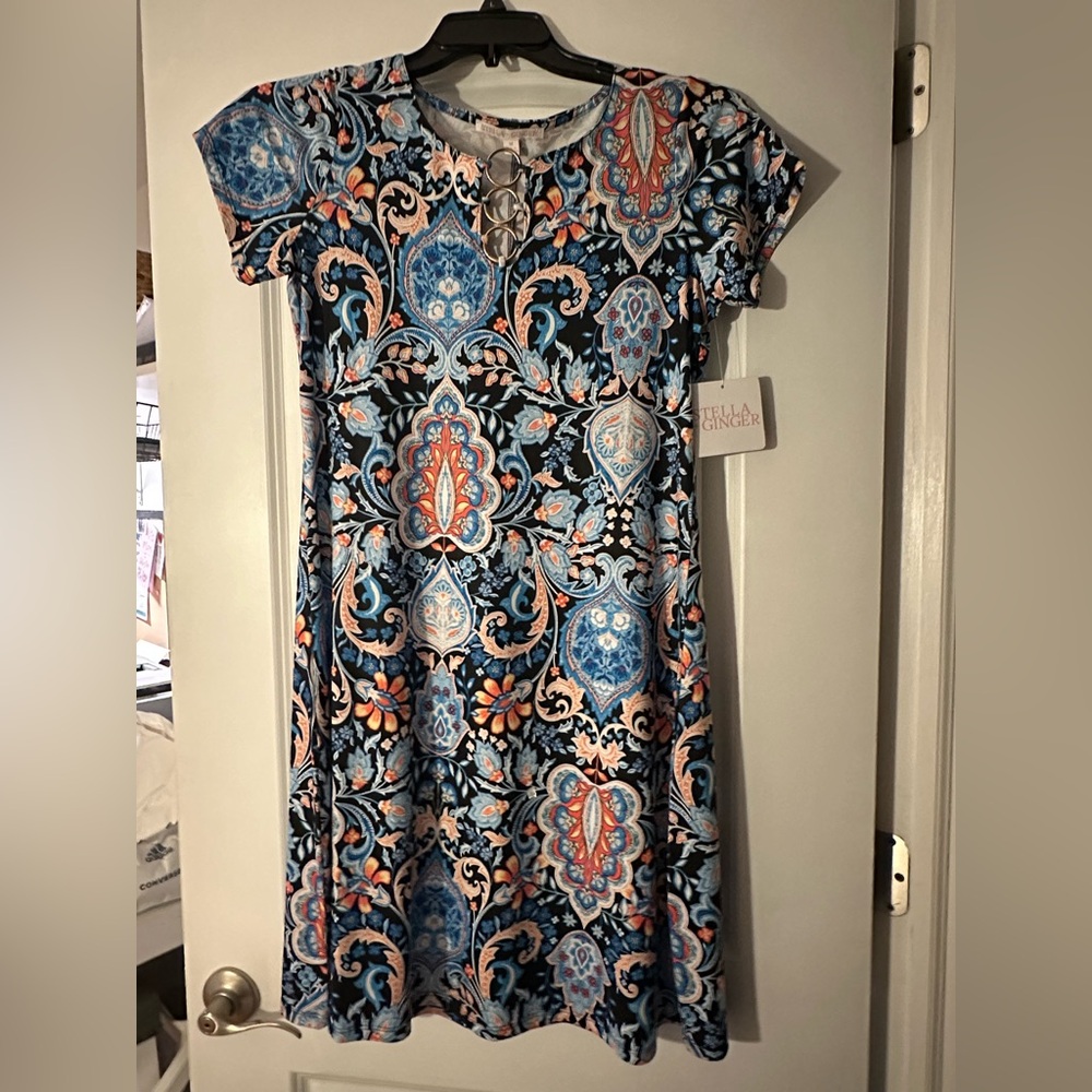 Elegant Blue and Orange Patterned Dress